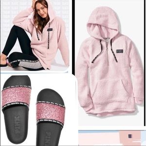 VS PINK SHERPA HOODIE FLEECE LINED LEGGINGS SLIDES